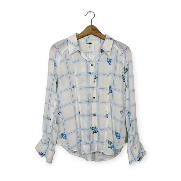 Free People Window To My Heart Button Down Floral White & Blue Top Size S - Picture 1 of 10